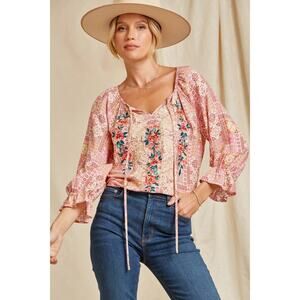 Savanna Jane Women's Floral Embroidered Aztec Boho Peasant Top Size S